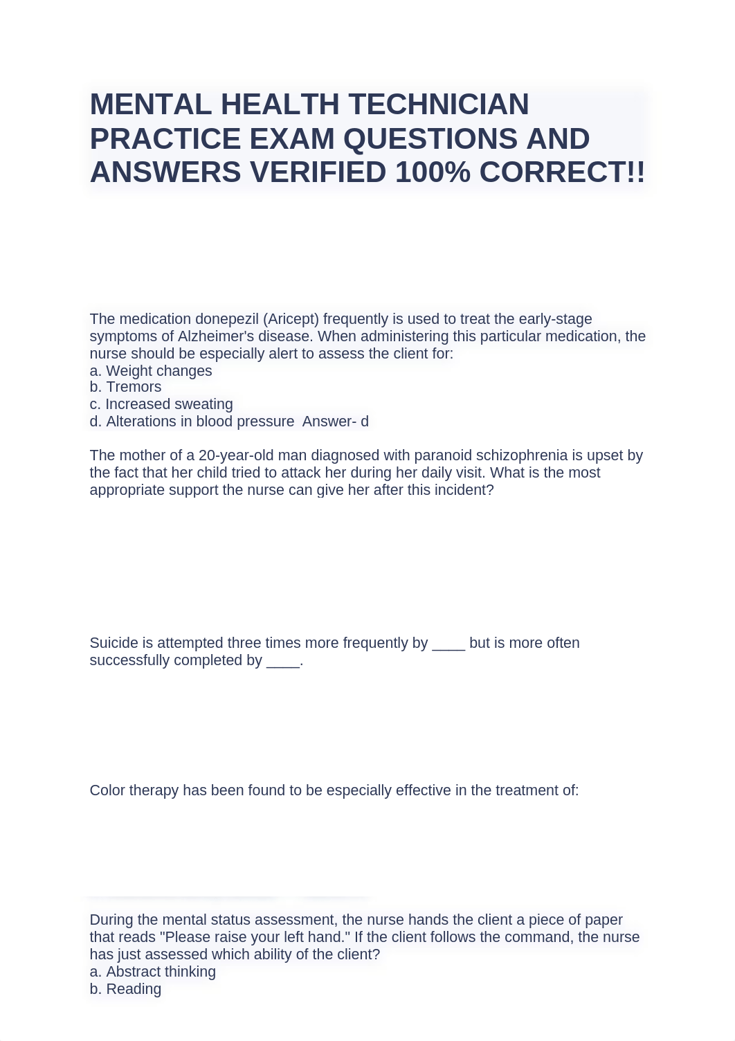 MENTAL HEALTH TECHNICIAN PRACTICE EXAM QUESTIONS AND ANSWERS VERIFIED 100% CORRECT!!.docx_dfh7brbotjj_page1