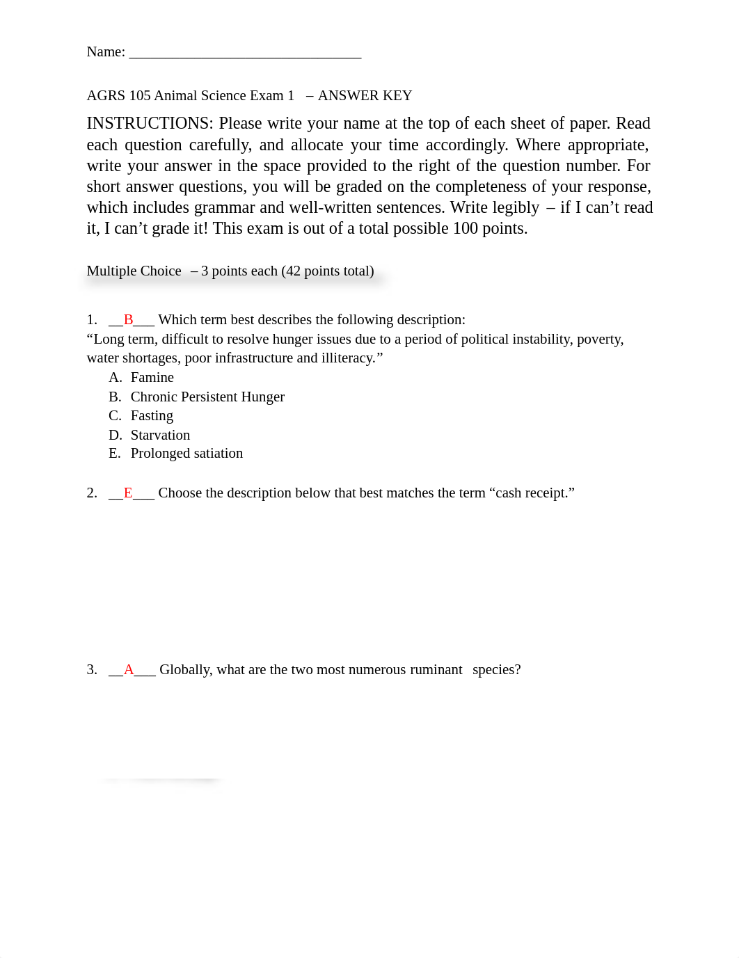 AGRS 105 Animal Science Exam 1 Fall 2019 - ANSWER KEY.pdf_dfj9ny765mi_page1