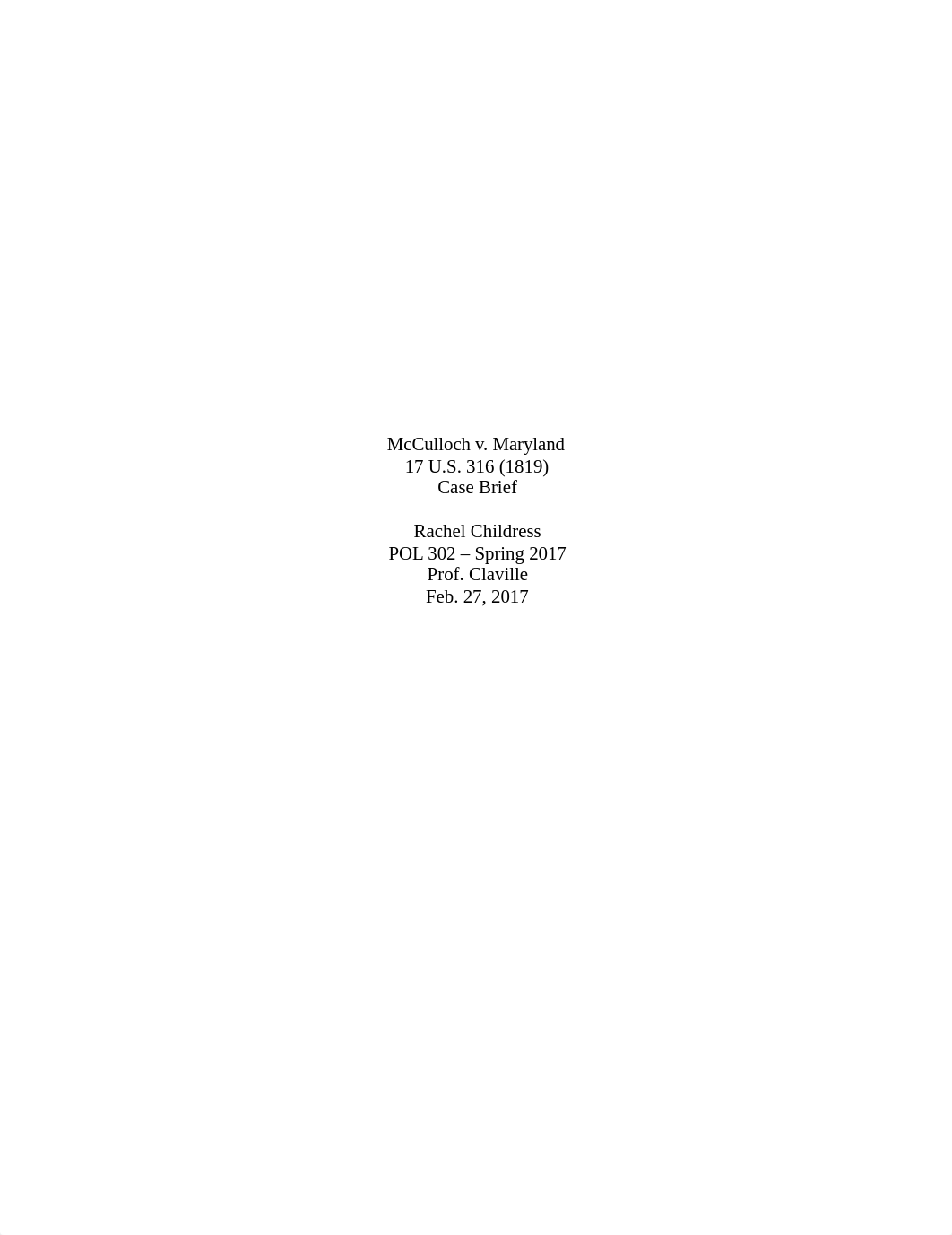 Case Brief - McCulloch v. Maryland 17 U.S. 316 (1819)_dfltyfwves1_page1