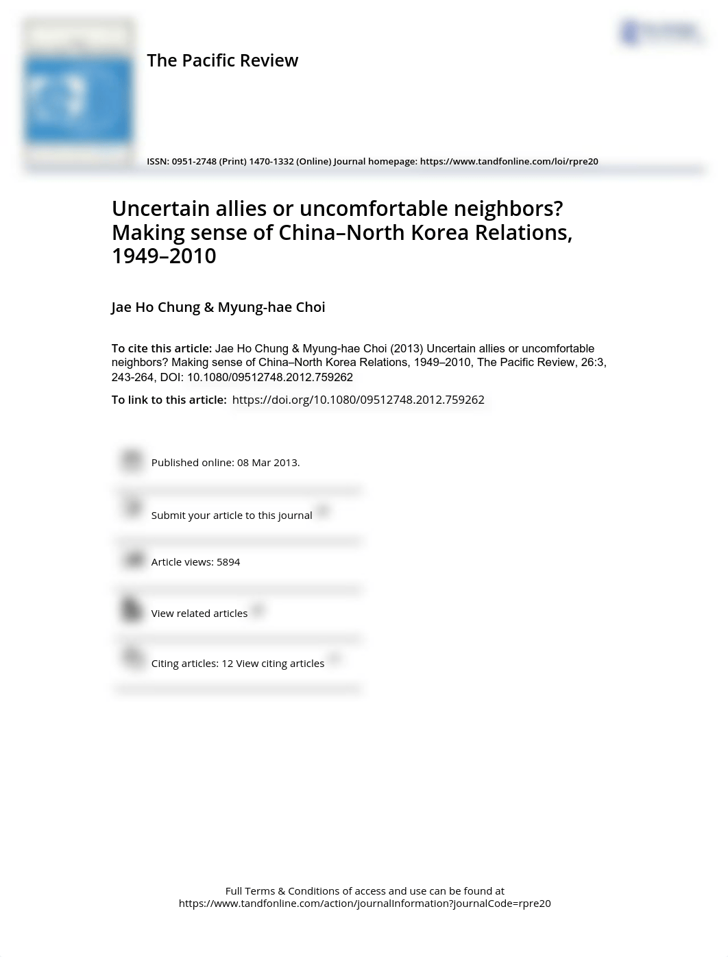 Uncertain allies or uncomfortable neighbors Making sense of China North Korea Relations 1949 2010.pd_dfov2uhjj86_page1