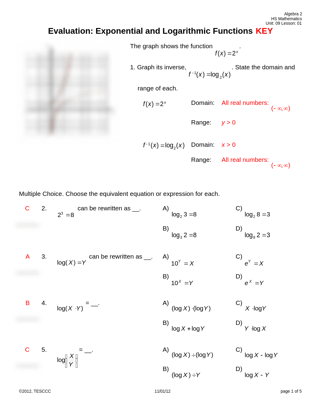 Evaluation Exponential and logarithmic Functions PI KEY_dfp2idw358h_page1