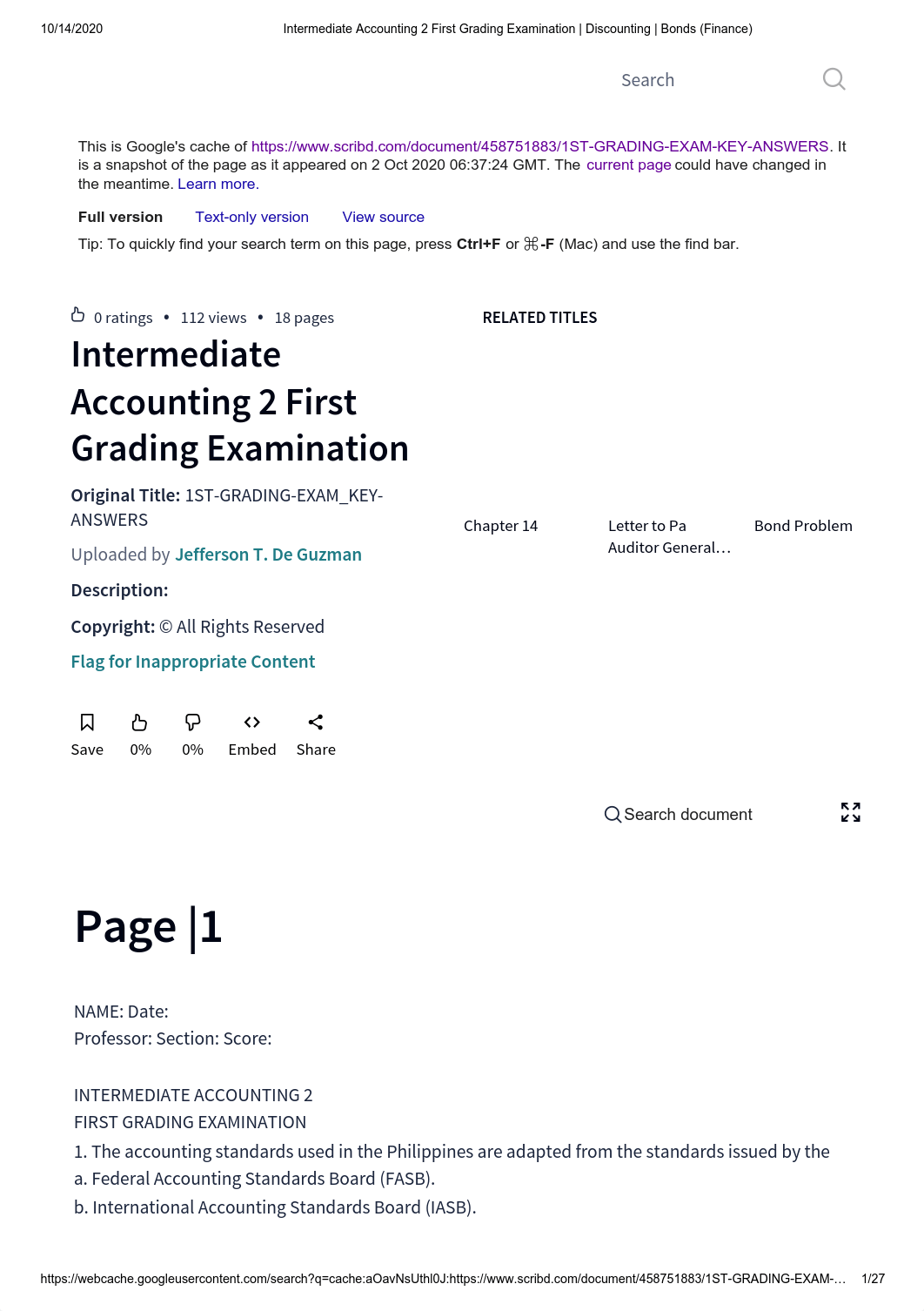 Intermediate Accounting 2 First Grading Examination _ Discounting _ Bonds (Finance).pdf_dfpj3f49afo_page1