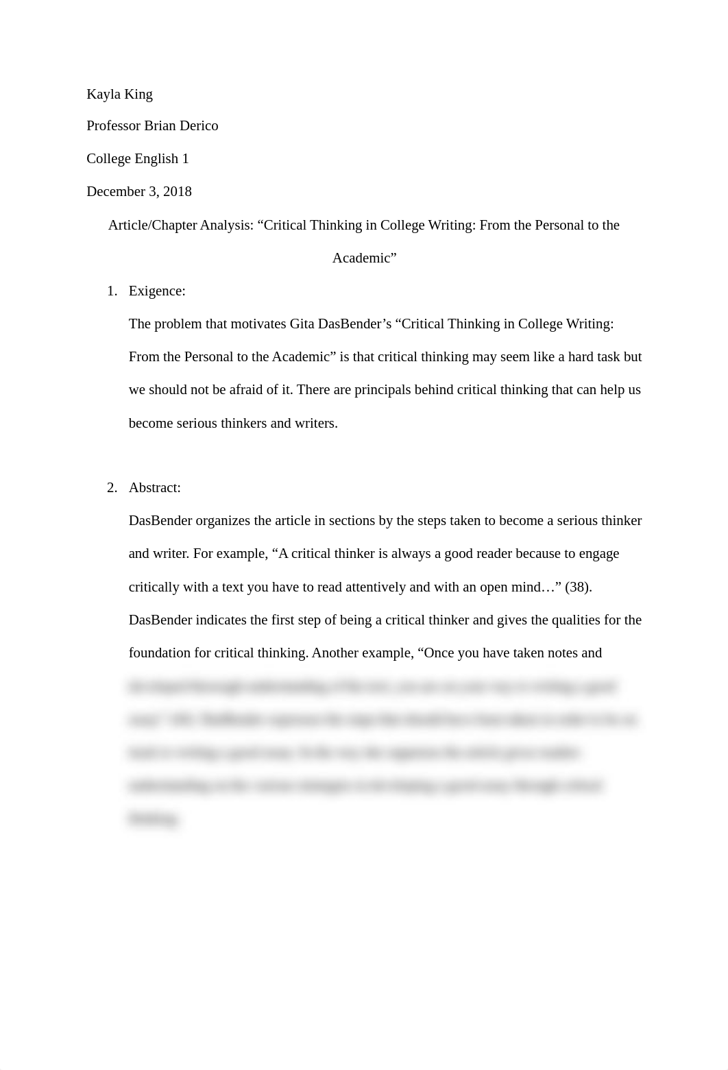 College Englis 1: Article Analysis: Critical Thinking in College Writing: From the Personal to the A_dfpjlbrht2w_page1