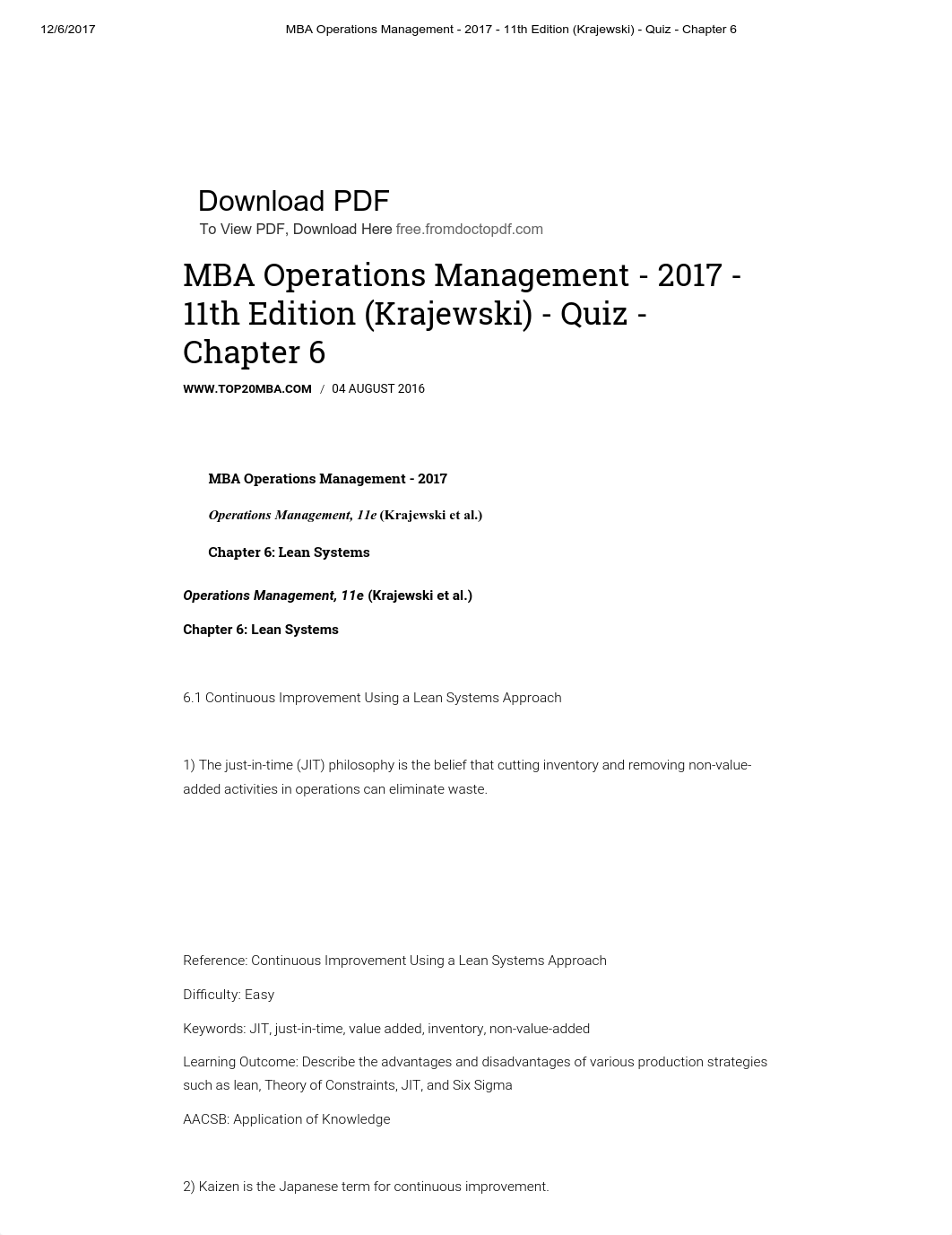 MBA Operations Management - 2017 - 11th Edition (Krajewski) - Quiz - Chapter 6.pdf_dftof00il0v_page1