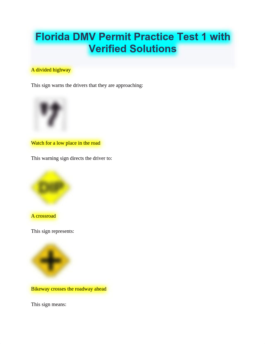 Florida DMV Permit Practice Test 1 with Verified Solutions.pdf_dfuolltv7ld_page1