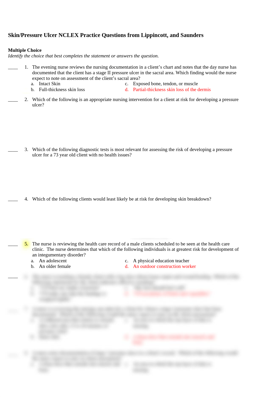 NCLEX Review Questions Skin and Pressure Ulcers no answers.docx_dfxwhsj5lvt_page1