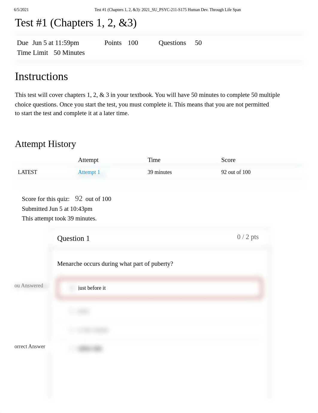 Test #1 (Chapters 1, 2, &3)_ 2021_SU_PSYC-211-S175 Human Dev. Through Life Span.pdf_dfztkz3sx7y_page1