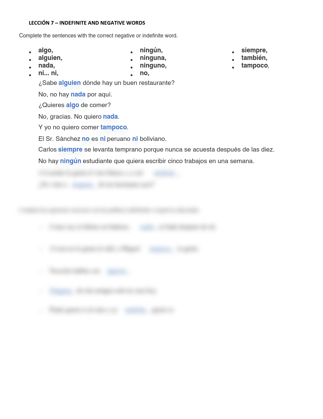 Indefinite and Negative Words - Ejercicios - Leccion 7 - Spa102.pdf_dg4cmxlzbko_page1