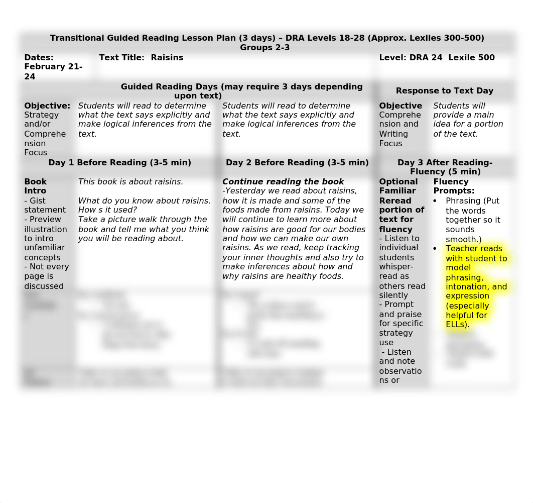 Guided reading lesson plans DRA 18-28 Group 2-3 Raisins -February 21_dg4epkk7f59_page1