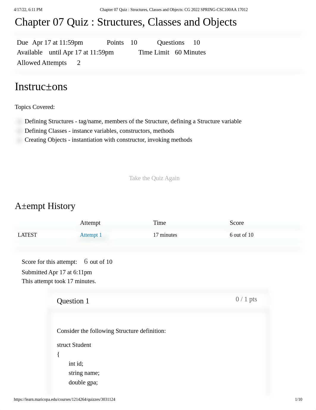 Chapter 07 Quiz _ Structures, Classes and Objects_ CG 2022 SPRING-CSC100AA 17012.pdf_dg8plj3h59p_page1