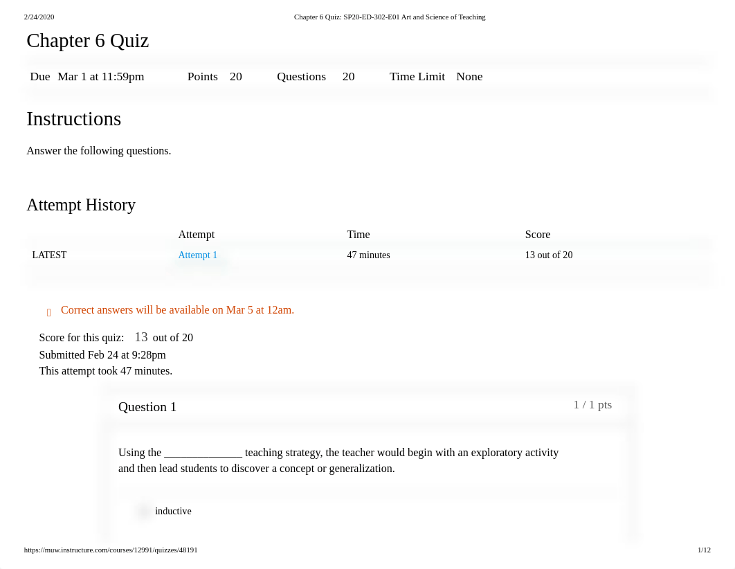 Chapter 6 Quiz_ SP20-ED-302-E01 Art and Science of Teaching.pdf_dg9ickql10s_page1