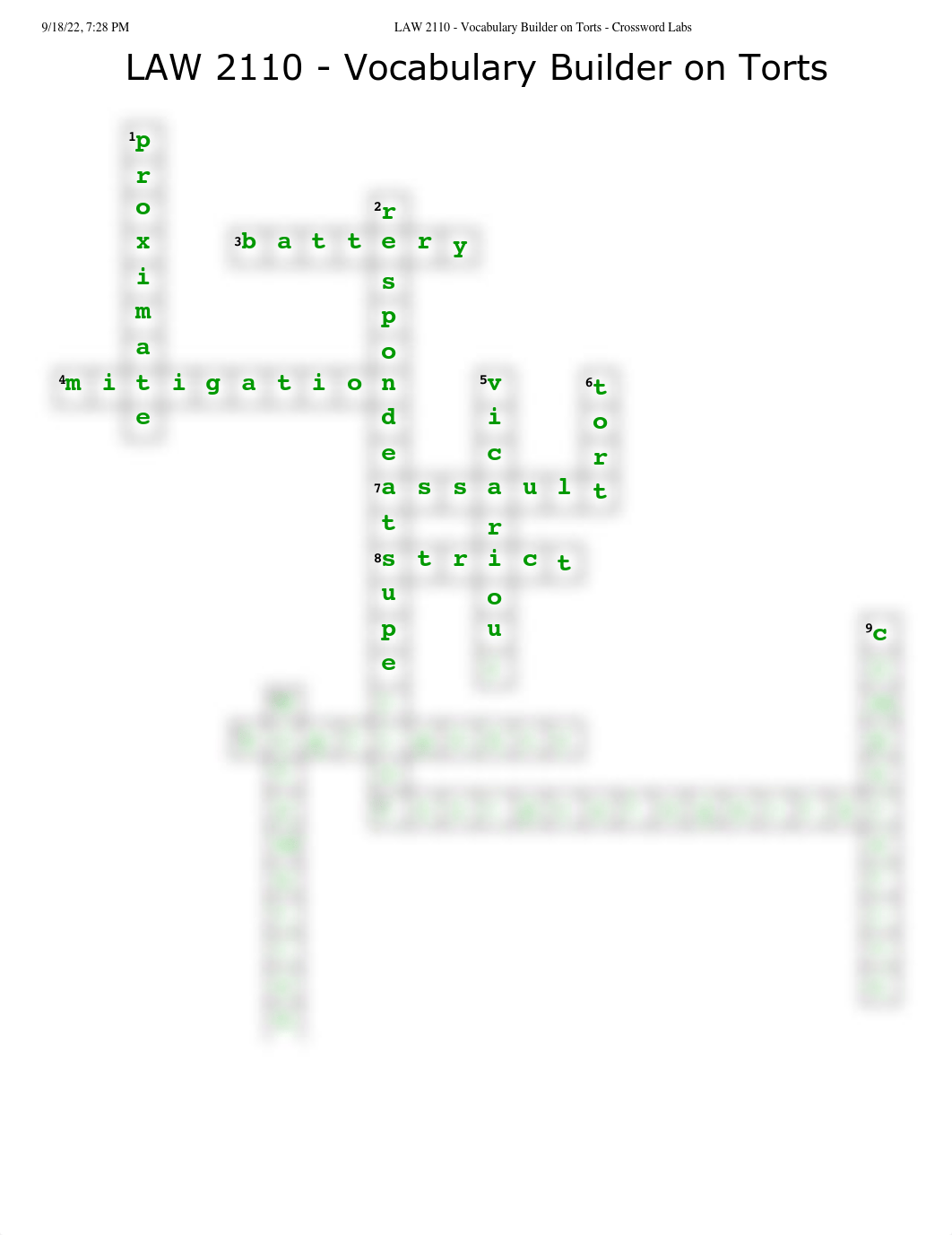 LAW 2110 - Vocabulary Builder on Torts - Crossword Labs.pdf_dg9sw9hs5v7_page1