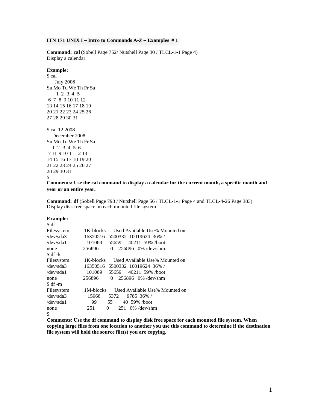 ITN 171 UNIX I - Intro to Commands A-Z - Examples 1 - 10.1.doc_dggsoefpt20_page1