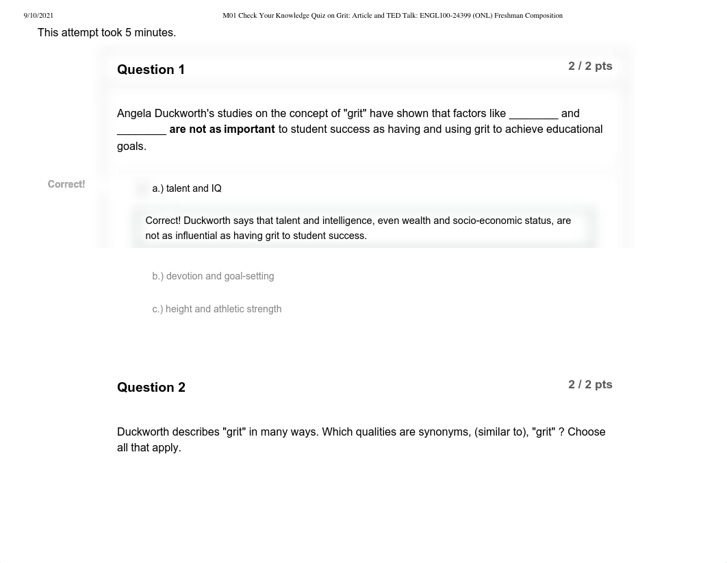 M01 Check Your Knowledge Quiz on Grit_ Article and TED Talk_ ENGL100-24399 (ONL) Freshman Compositio_dgh89im2qig_page1