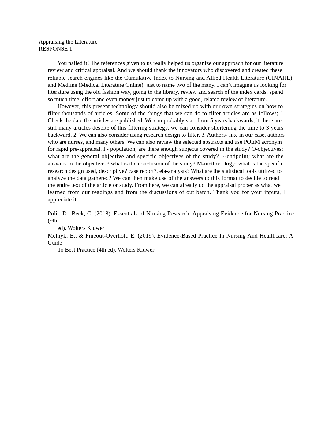 Week 3 Response 1 on Appraising the Literature.docx_dgje6uz4f7a_page1