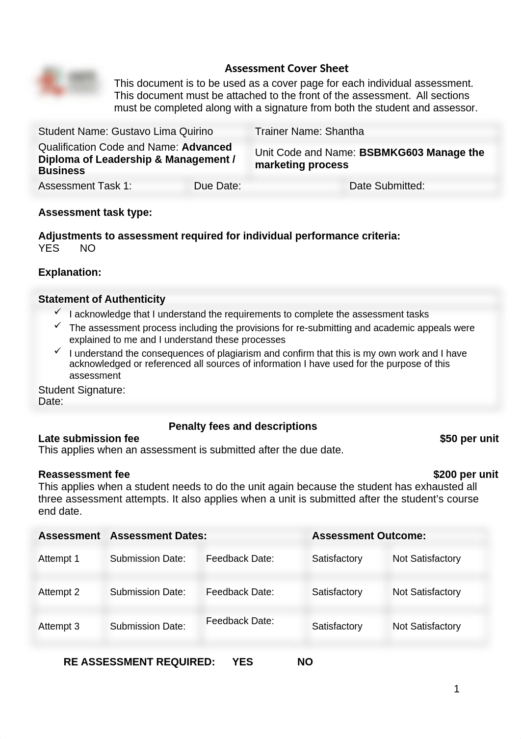 BSBMKG603 Assessment Task 1_Marketing Performance Report (Vol 1)_Student Workbook Template-Gustavo L_dgnheim5ksj_page1