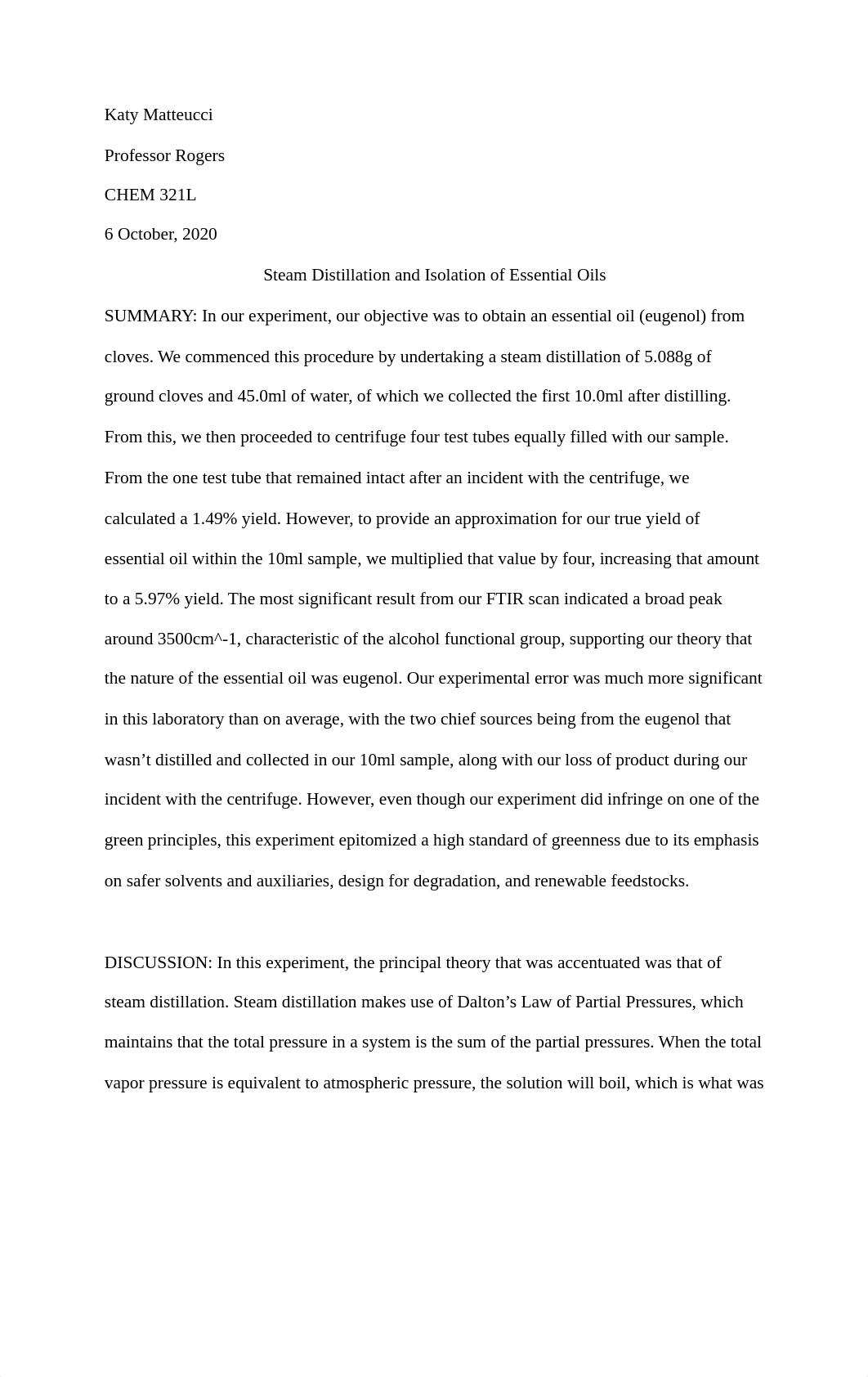 Steam Distillation and Isolation of Essential Oils Lab Report.pdf_dgos4qkds5v_page1