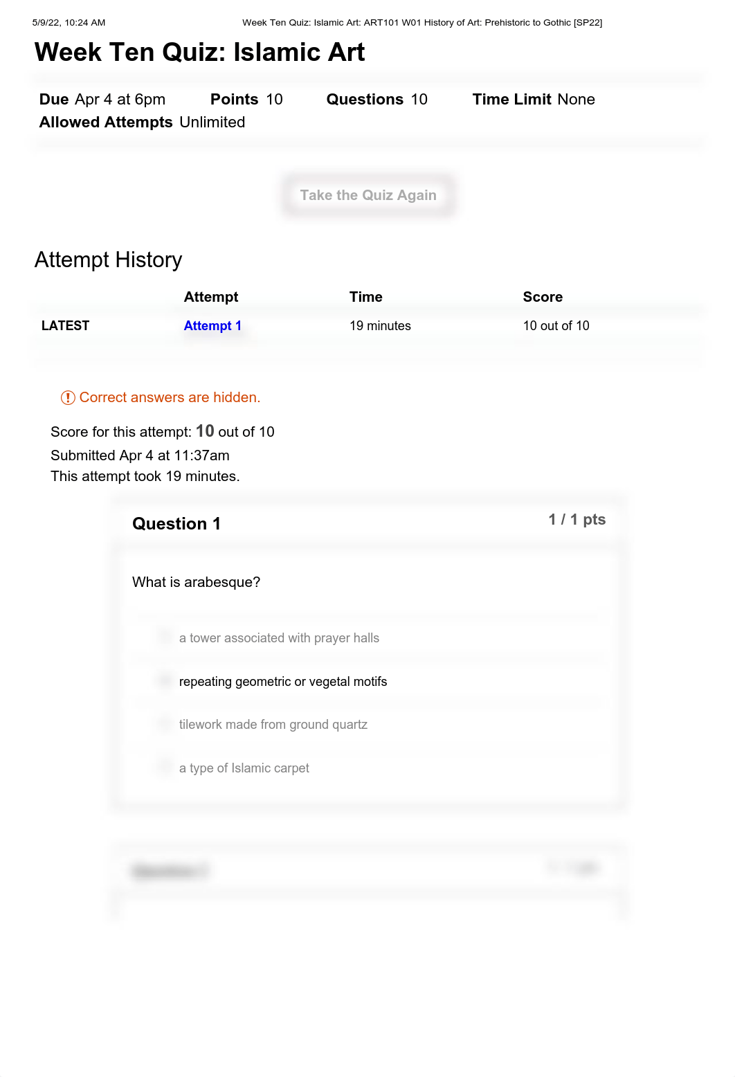 Week Ten Quiz_ Islamic Art_ ART101 W01 History of Art_ Prehistoric to Gothic [SP22].pdf_dgped4kwwda_page1