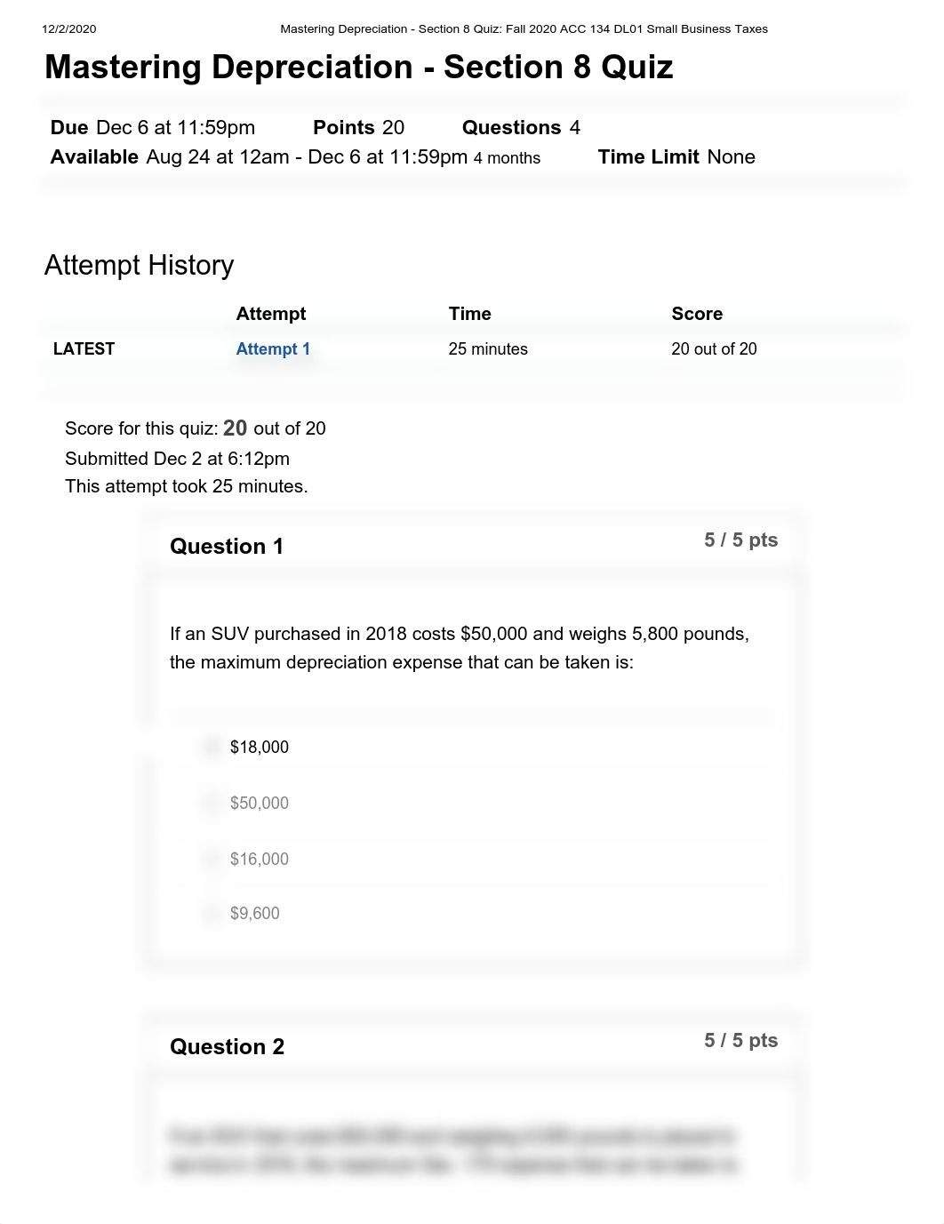 Mastering Depreciation - Section 8 Quiz_ Fall 2020 ACC 134 DL01 Small Business Taxes.pdf_dgrj1uvcckg_page1