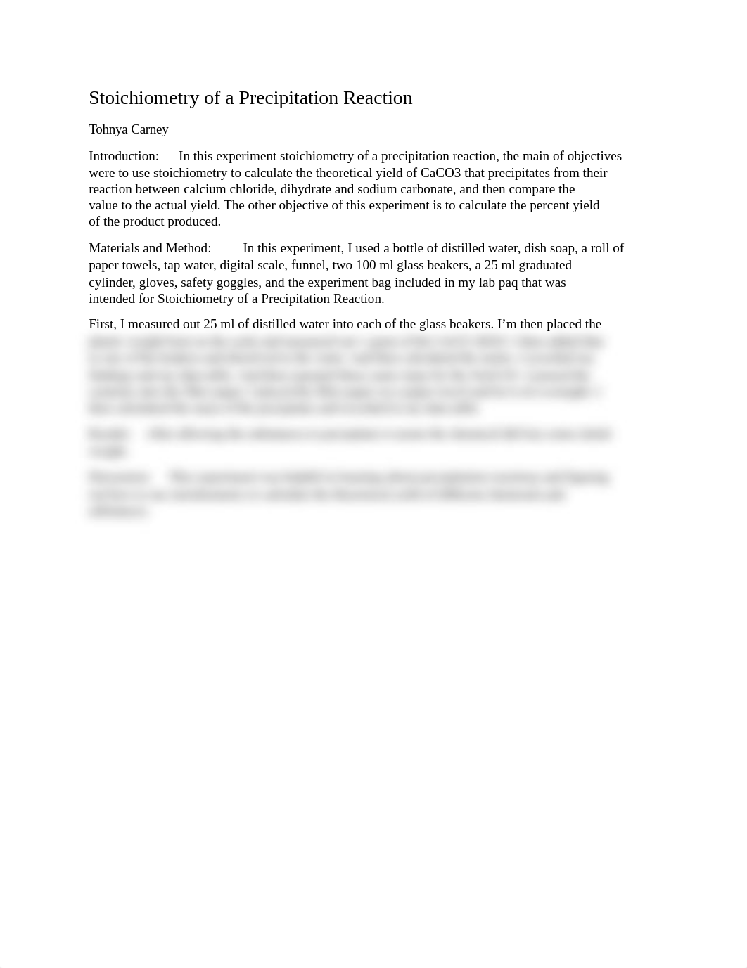 Tohnya Carnwe College Chemistry Lab report Stoichiometry of a Precipitation Reaction_dgrlc382di7_page1