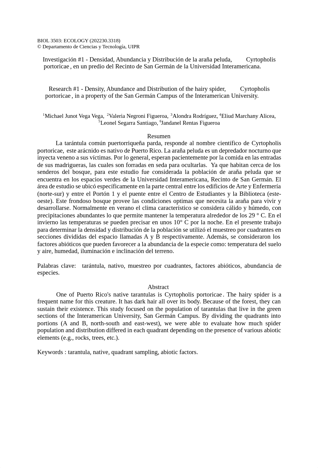 Investigación #1 - Densidad, Abundancia y Distribución de la araña peluda, Cyrtopholis portoricae, e_dgu3d4rywtz_page1