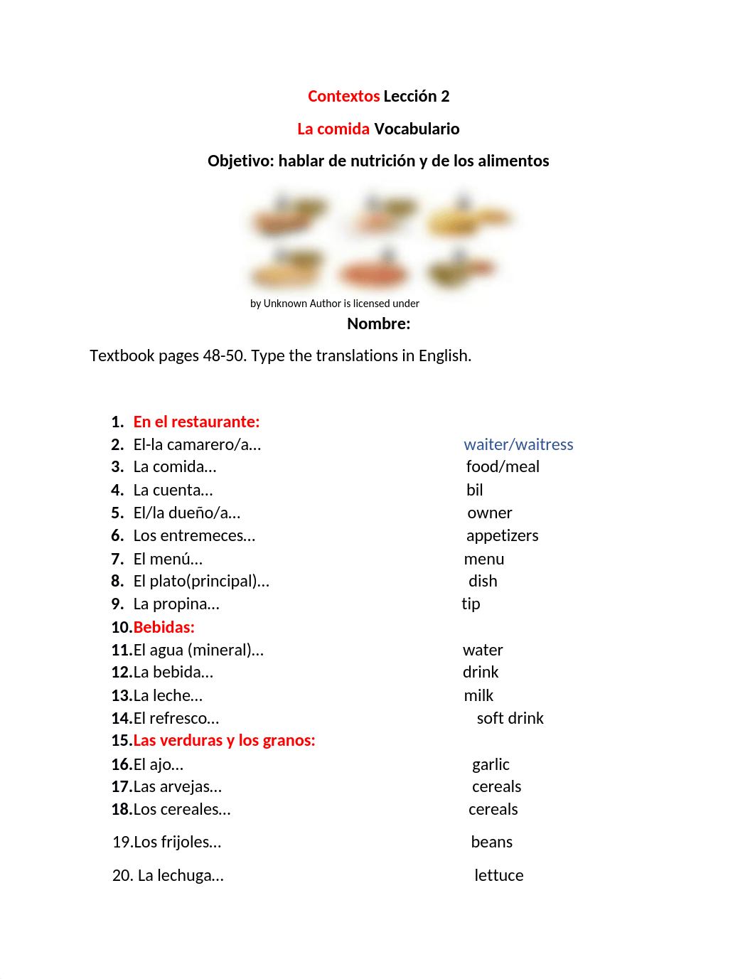 Lista de vocabulario Lección 2 La comida Senderos 2-1.docx_dguqewocut3_page1