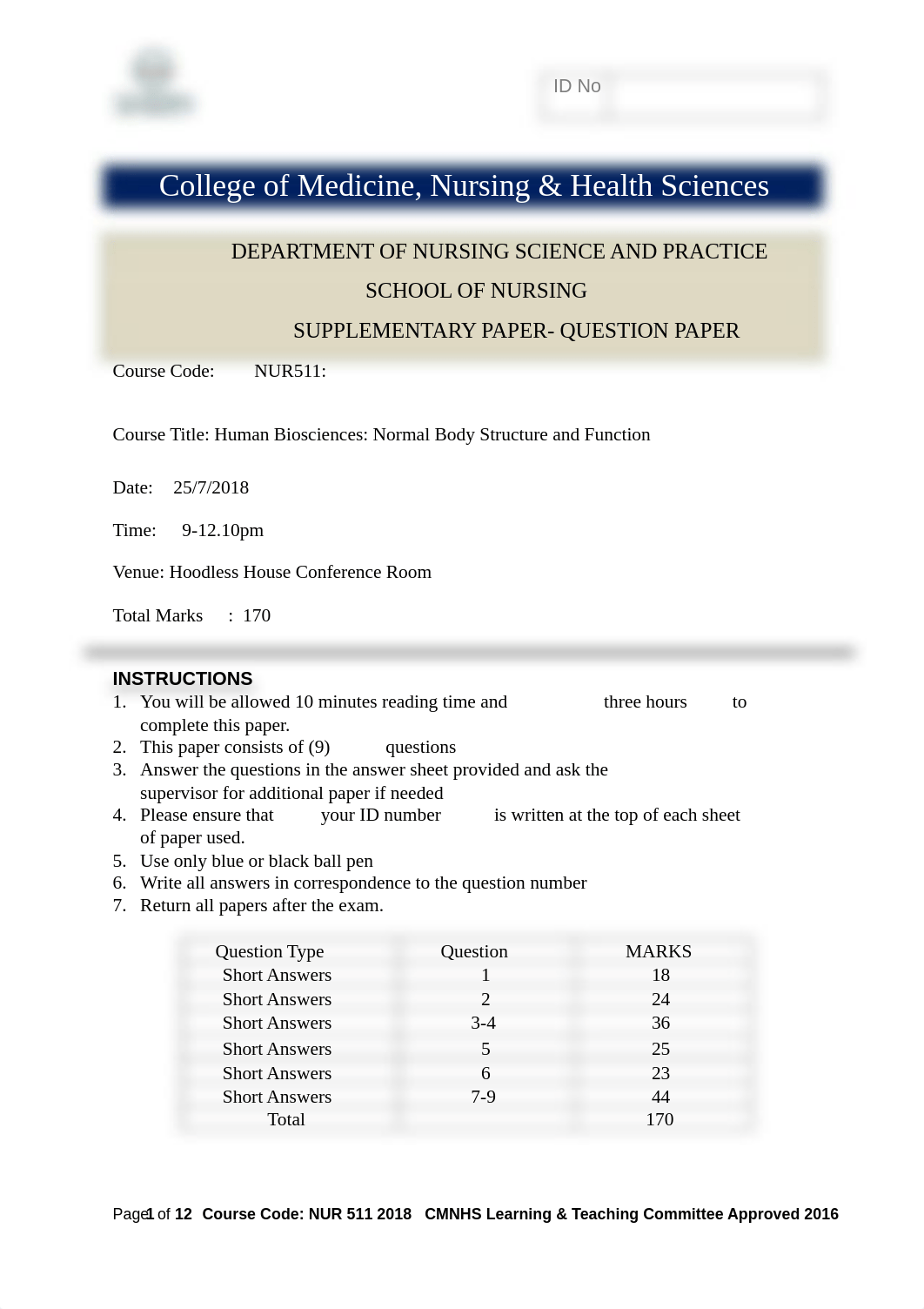 NUR 511 Human Bioscience Normal Body Structure and Function Supplementary Exam S1 2018.pdf_dgxaliwdp93_page1