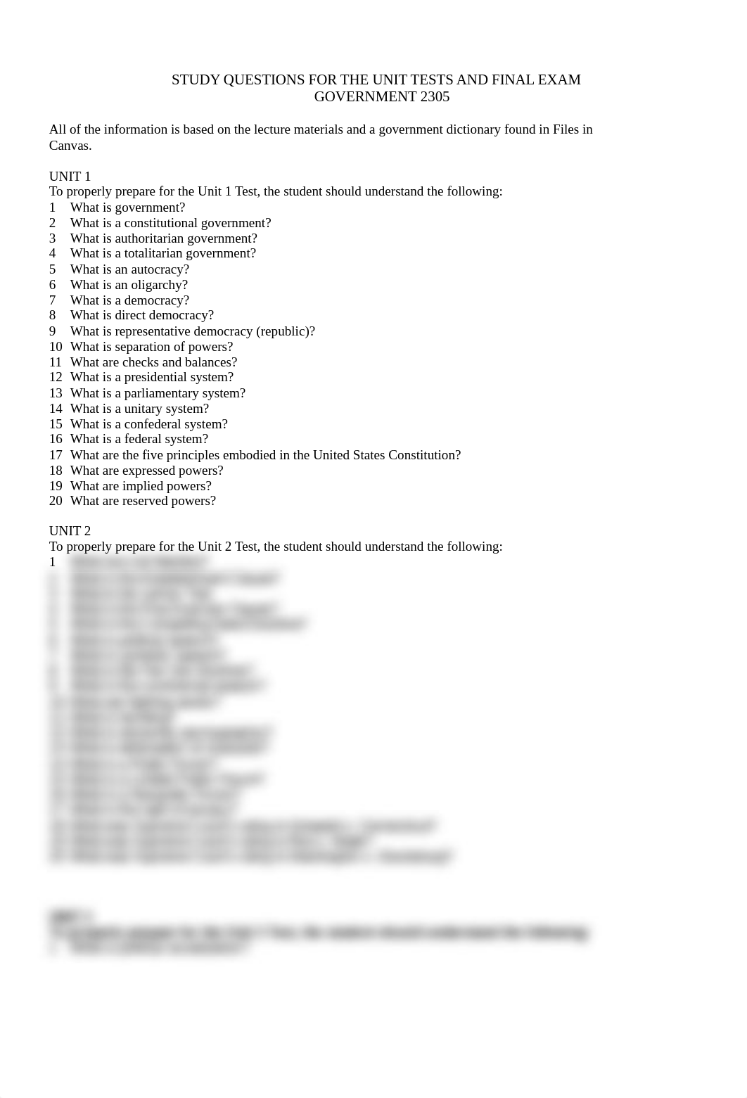 STUDY QUESTIONS FOR THE UNIT TESTS AND FINAL EXAM GOVERNMENT 2305 (1)_dh1lmkl3ync_page1