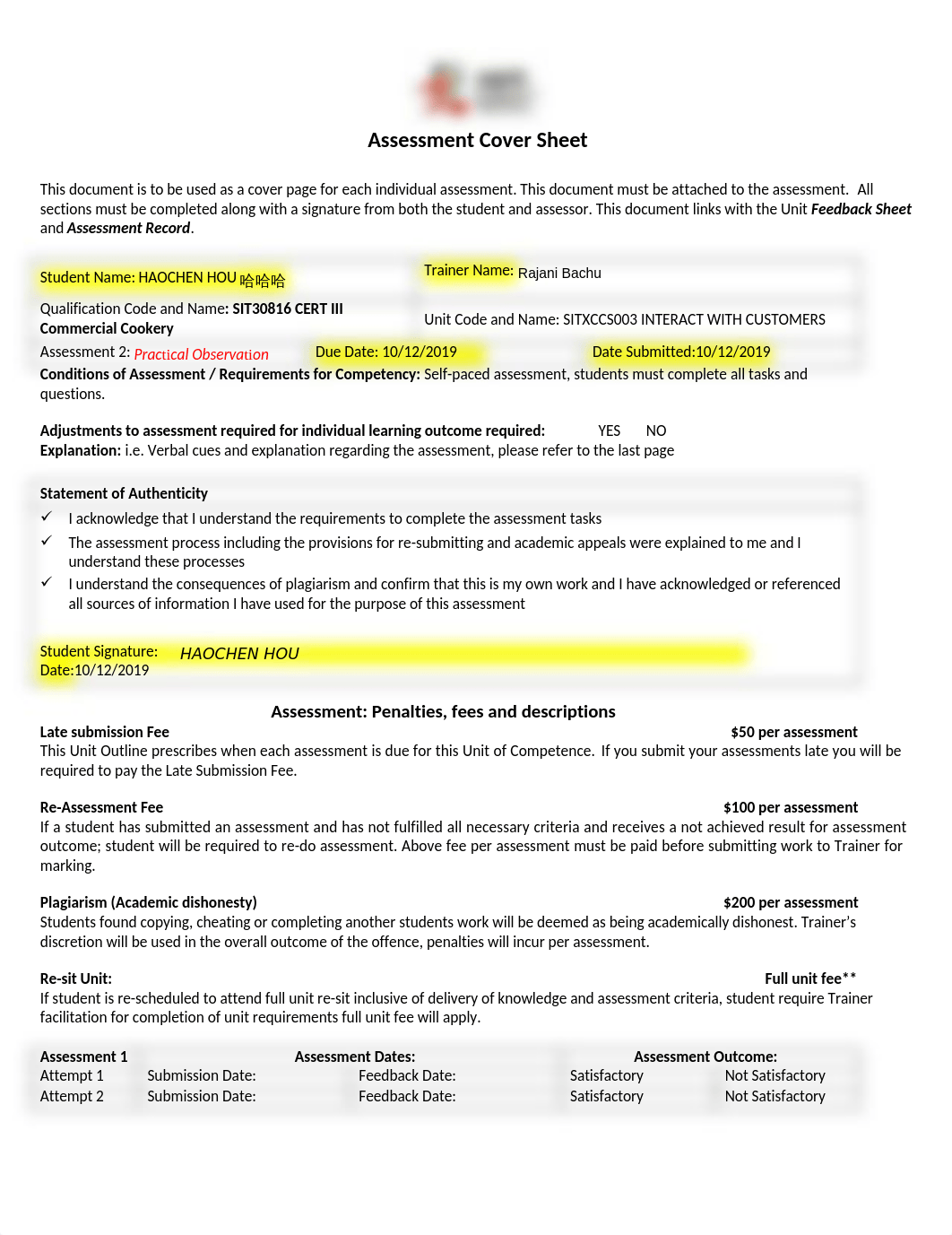 SITXCCS003 Assessment 2_Practical Observation (1)-HAOCHEN HOU.docx_dh504jreopi_page1