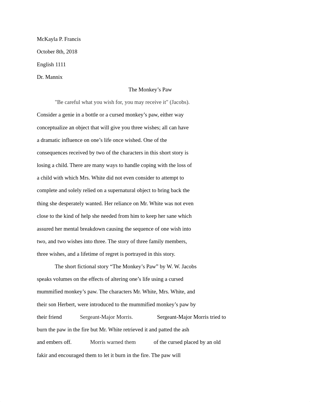 McKayla P. Francis Monkey's Paw Essay.docx_dh5blxmz03n_page1