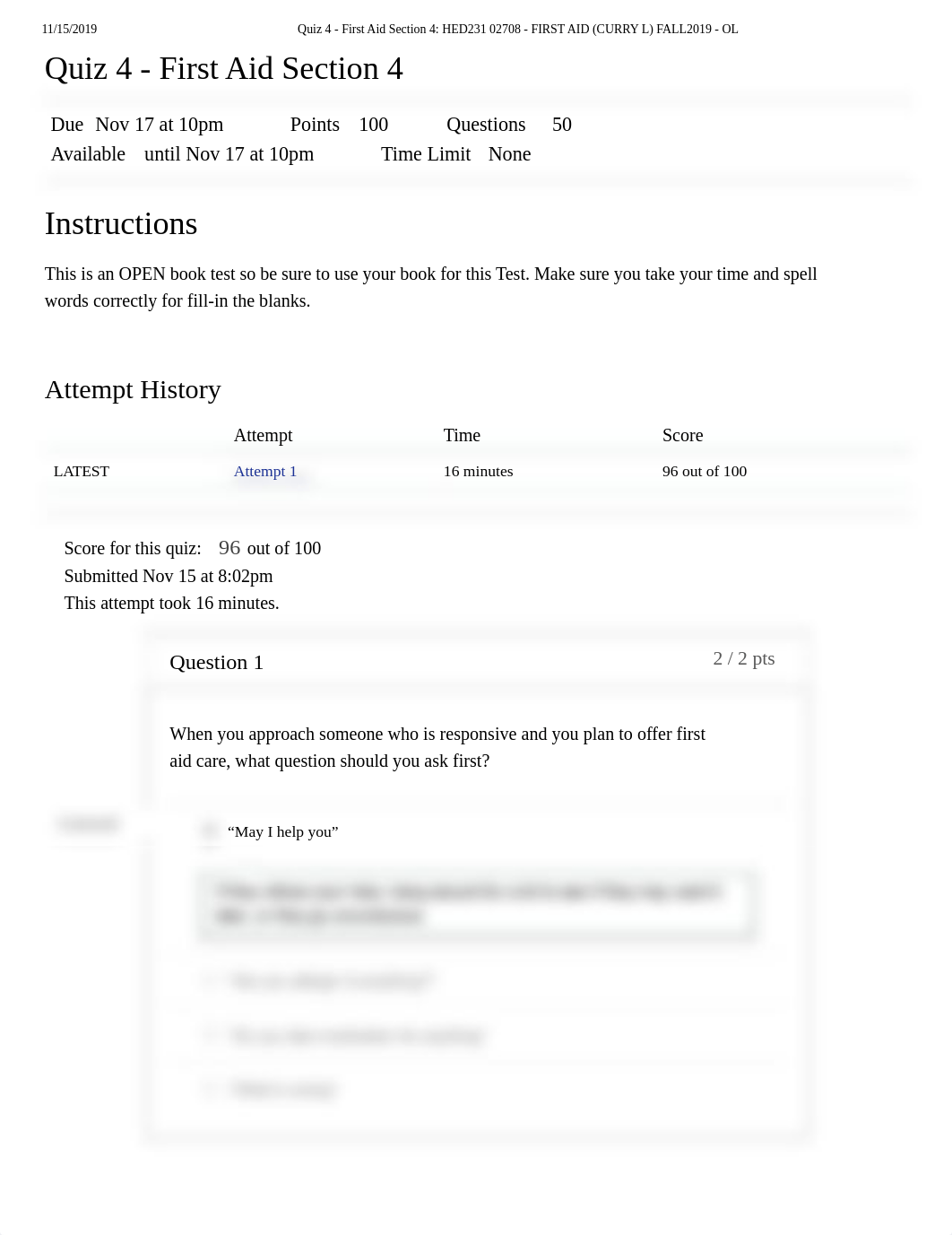 Quiz 4 - First Aid Section 4_ HED231 02708 - FIRST AID (CURRY L) FALL2019 - OL.pdf_dh6bok52zo9_page1