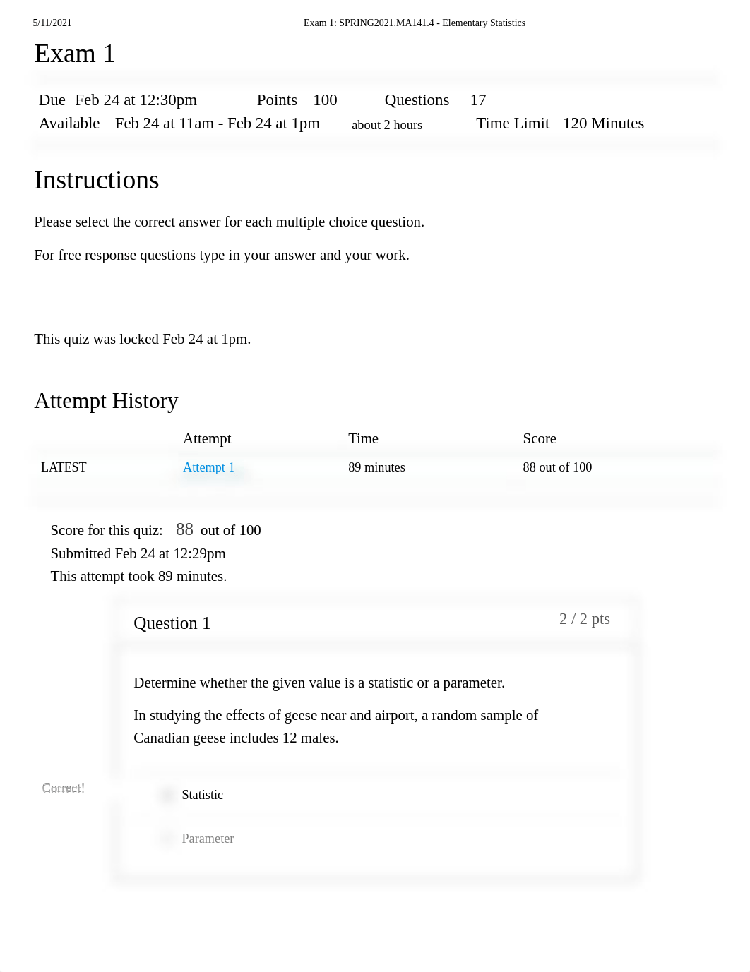 Exam 1_ SPRING2021.MA141.4 - Elementary Statistics.pdf_dh6iy5fecfu_page1