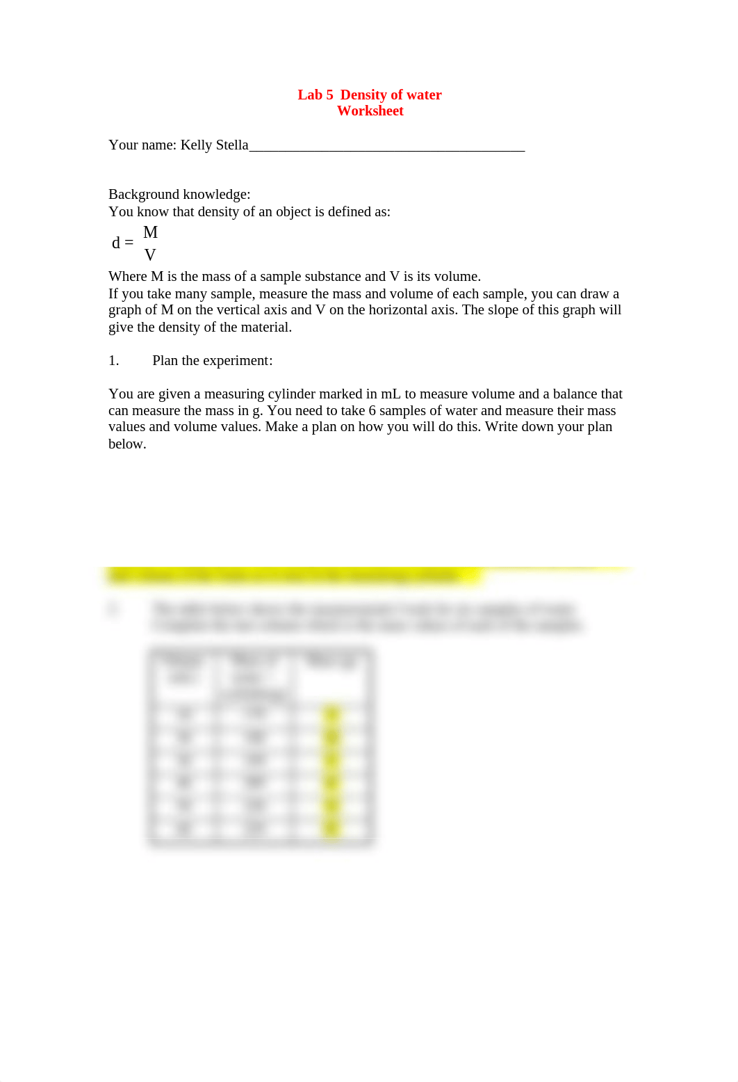 Lab 5 Density of water, worksheet_dhan6ms74yh_page1