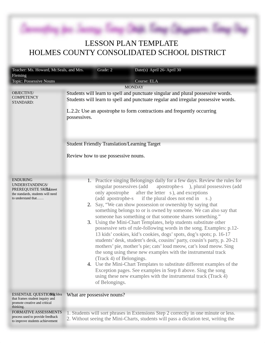 ELA Lesson 29 Possessive Nouns Lesson Plan.doc_dhggg6hmdiu_page1