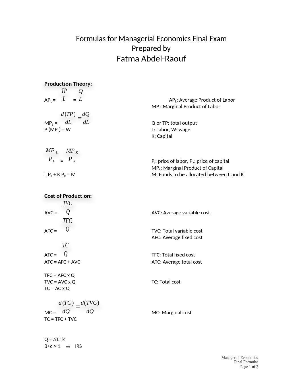 Formulas for Managerial Economics Final Exam.S16.docx_dhqrv7dxe25_page1