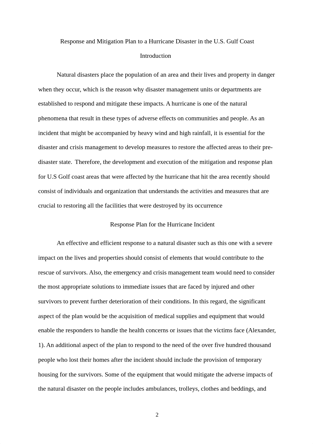 Response and Mitigation Plan to a Hurricane Disaster in the U.S. Gulf Coast.doc_dhsx22sy644_page2