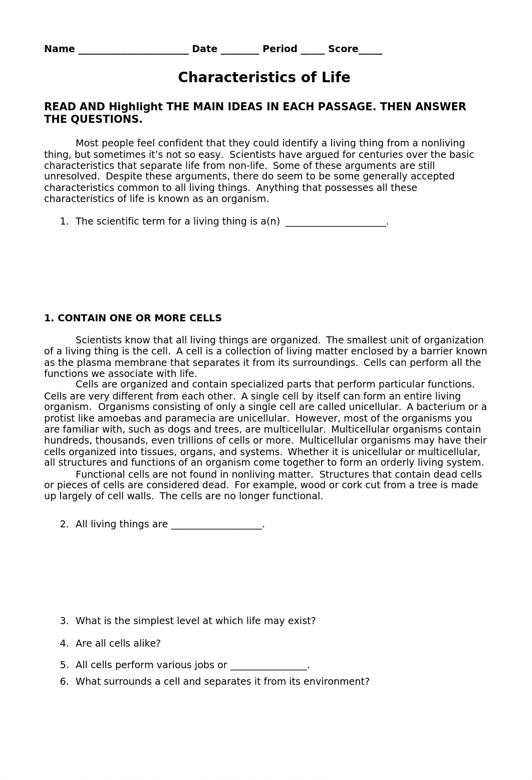 Characteristics of Life Reading Worksheet.doc_dhszjv6ip5e_page1