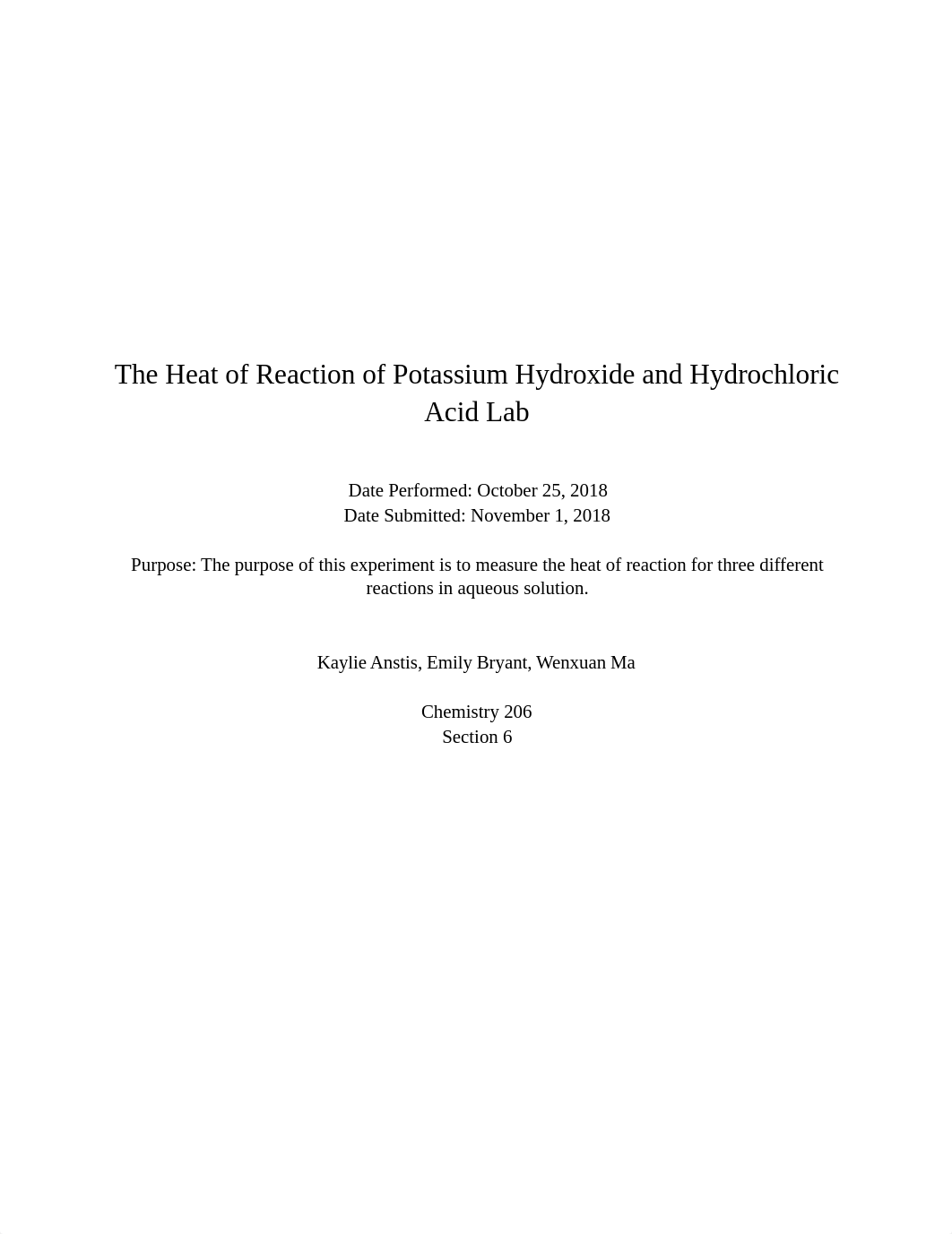 The Heat of Reaction of Potassium Hydroxide and Hydrochloric Acid Lab_dhucgriobgs_page1