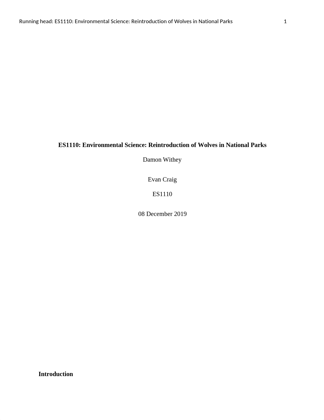 ES1110 Environmental Science Reintroduction of Wolves in National Parks paper.docx_dhw2dg5dmgn_page1