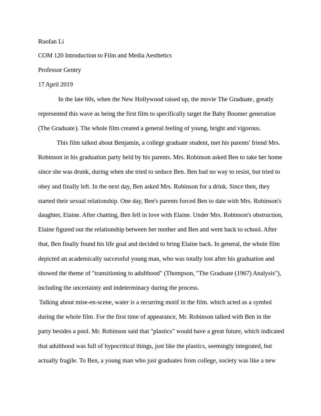 The Graduate analysis_Ruofan Li - Graded.docx_dhyc6s8hm18_page1