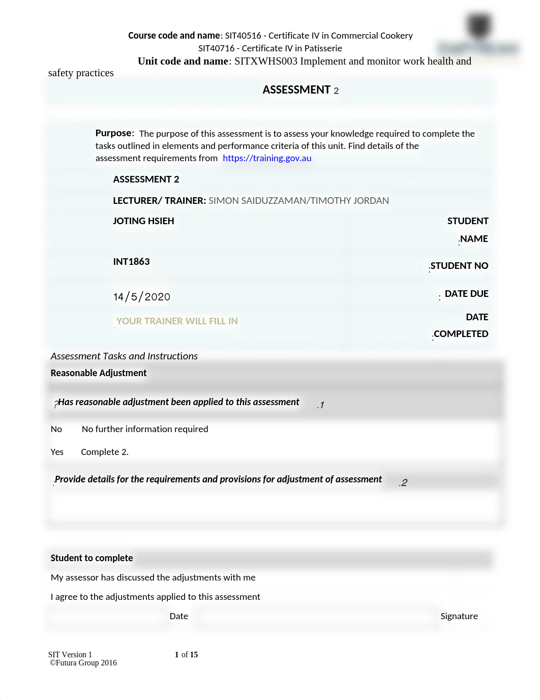 INT1863_JOTING HSIEH_SITXWHS003_Assessment2_Short Answer.docx_dhzfxsmel7y_page1