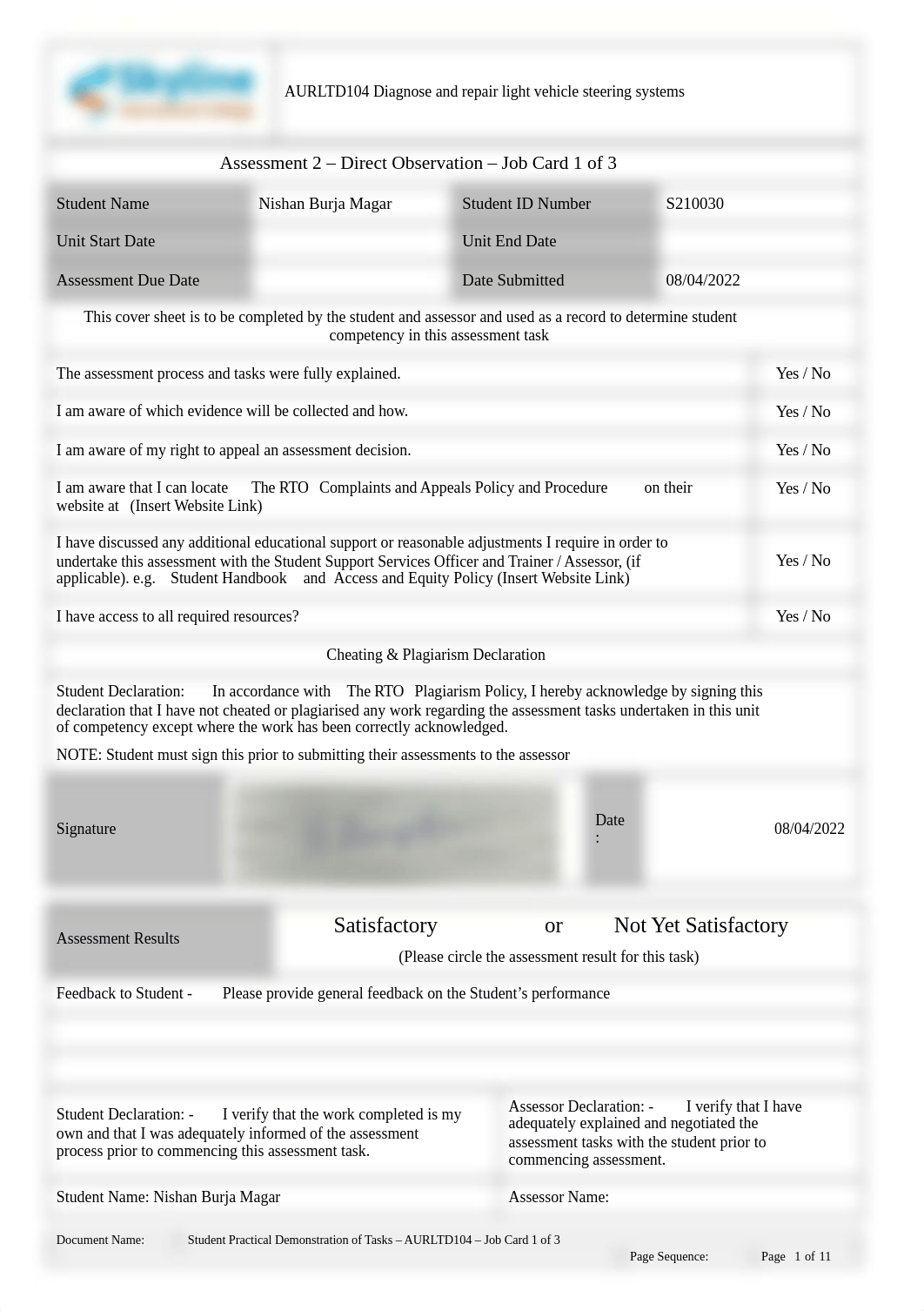 AURLTD104_Assessment 2_Practical Observation_Job Card 1_NishanBurjaMAgar.docx_di00wkwwxvk_page1