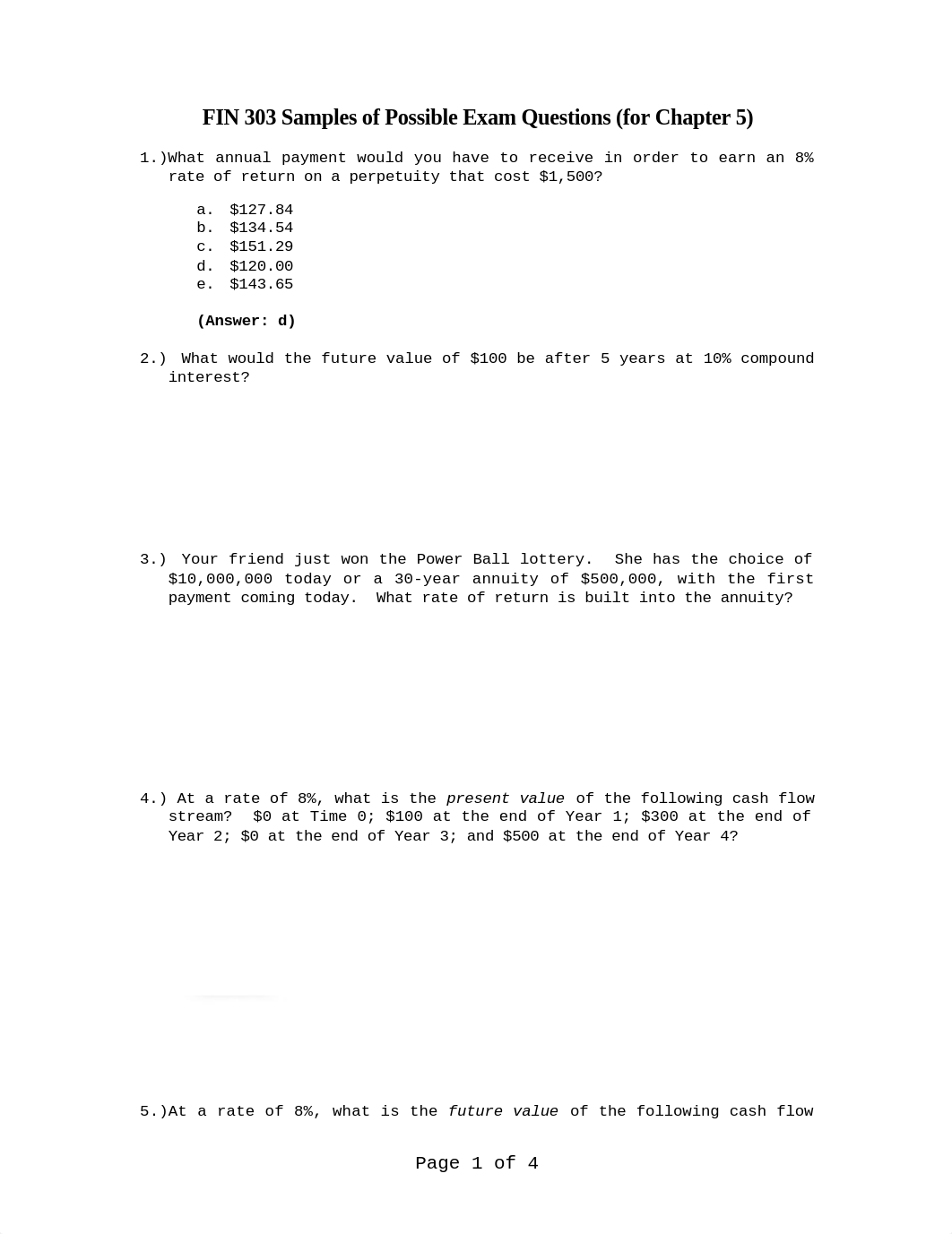 Samples of Possible Test Questions for FIN 303 Ch 5_di776afhafb_page1