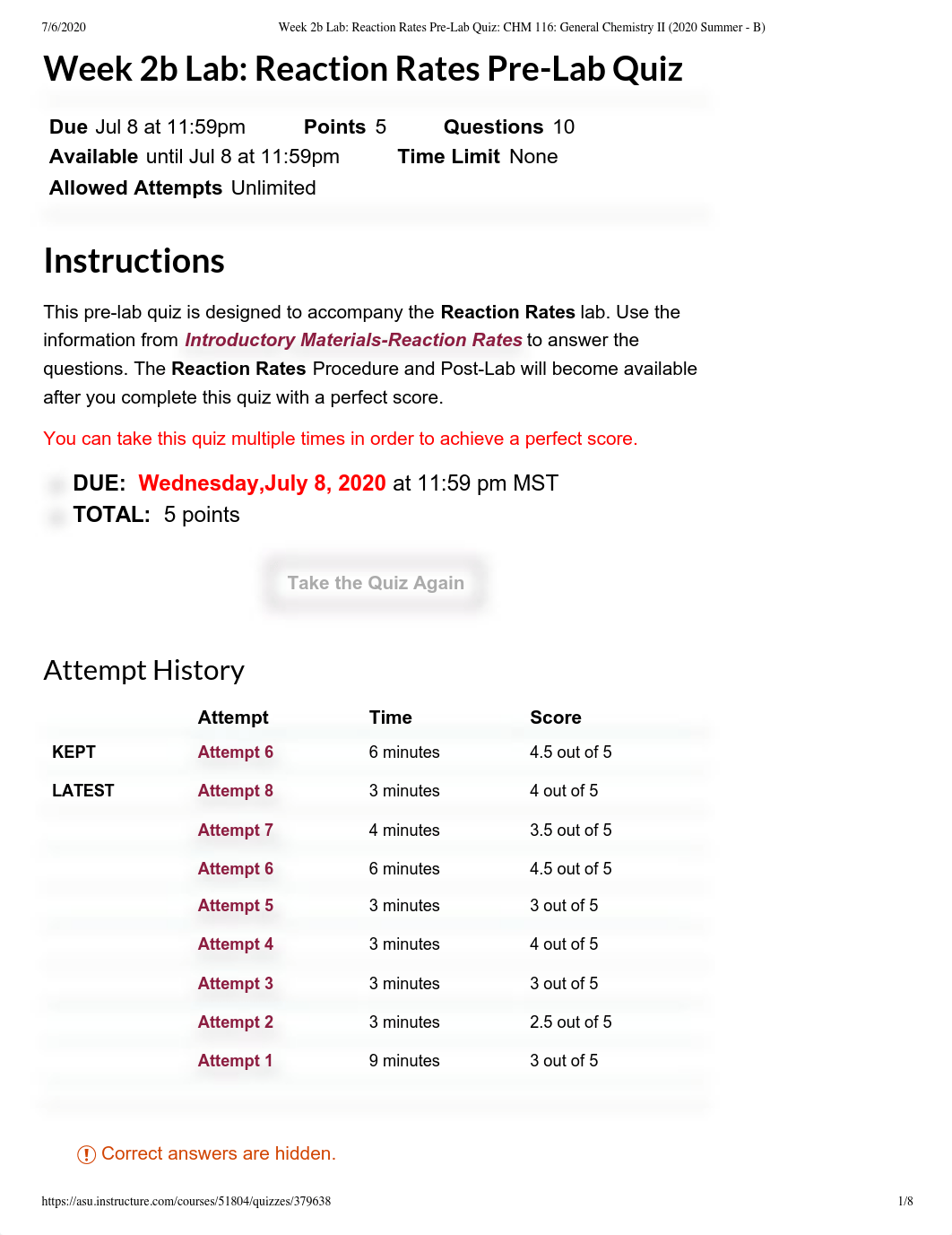 8Week 2b Lab_ Reaction Rates Pre-Lab Quiz_ CHM 116_ General Chemistry II (2020 Summer - B).pdf_di8cozhhjqc_page1