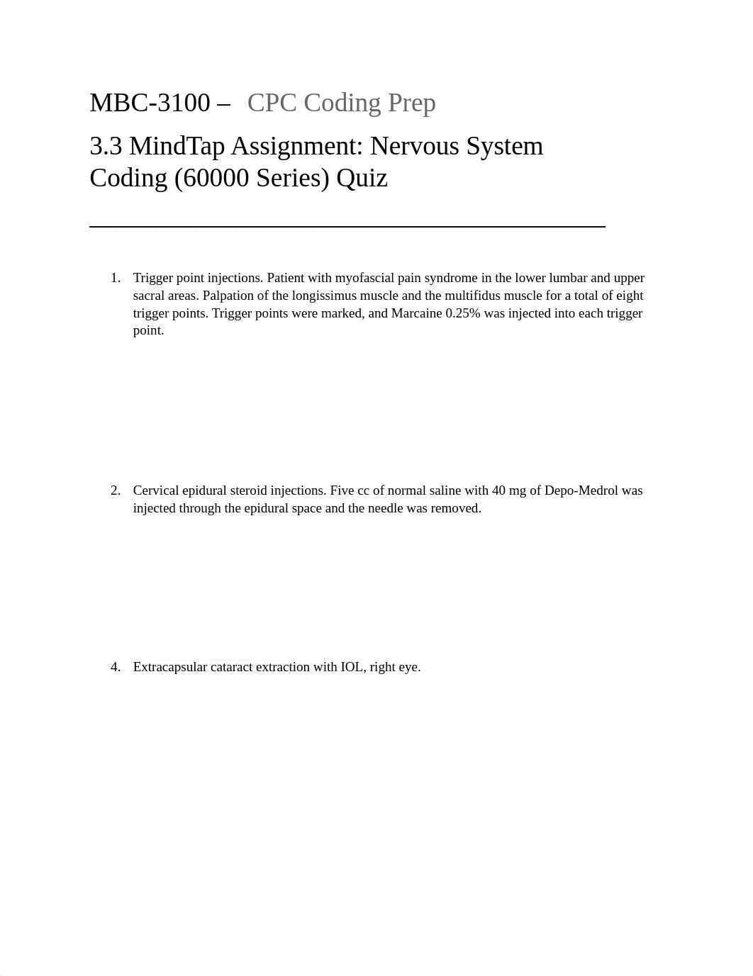 MBC3100 - CPC Coding Prep - 3.3 MindTap Assignment - Nervous System Coding (60000 Series) Quiz.docx_di9rq9uyzno_page1