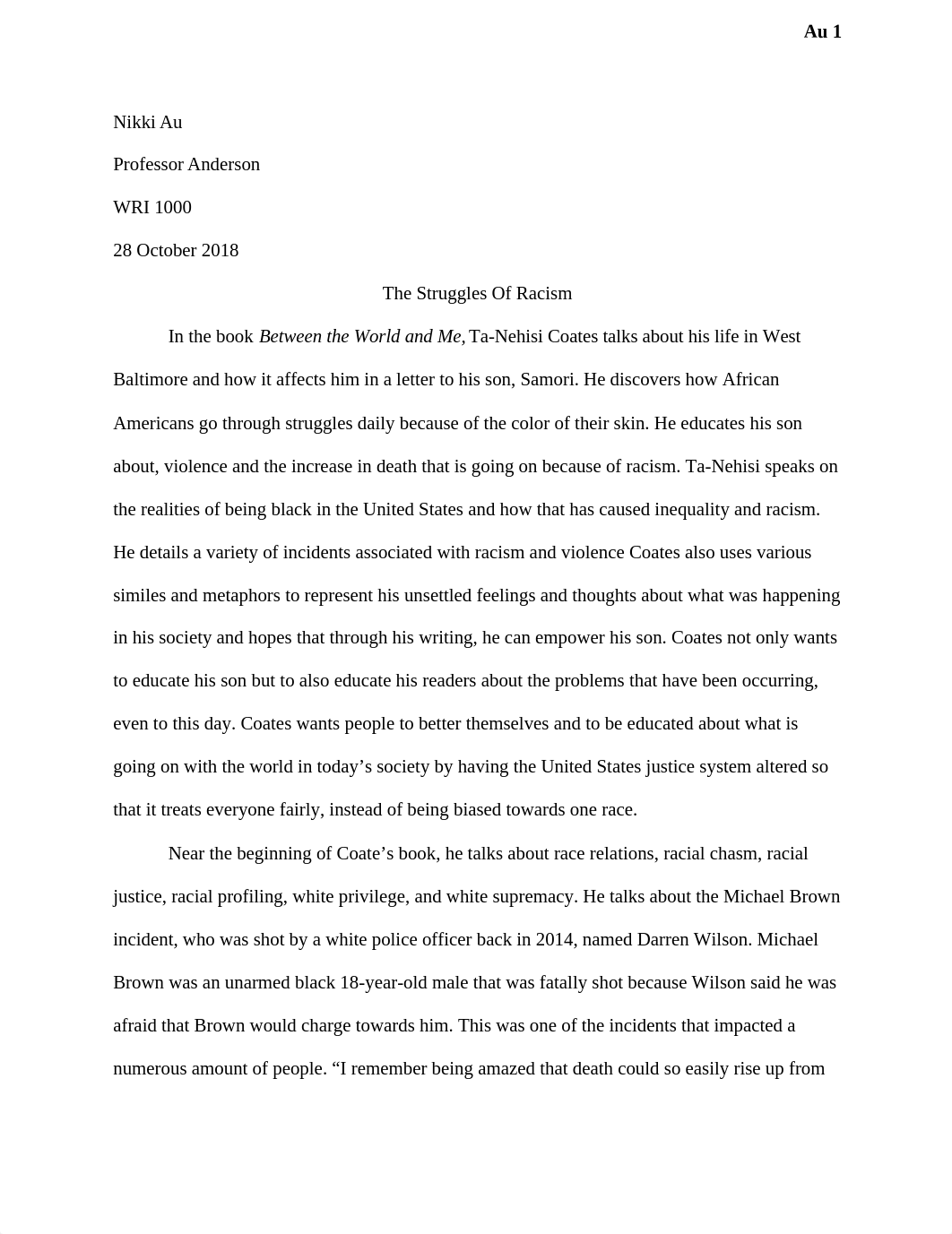 Draft 2 of Major Paper 1: Rhetorical Analysis of Between the World and Me_dica0cu7bh6_page1