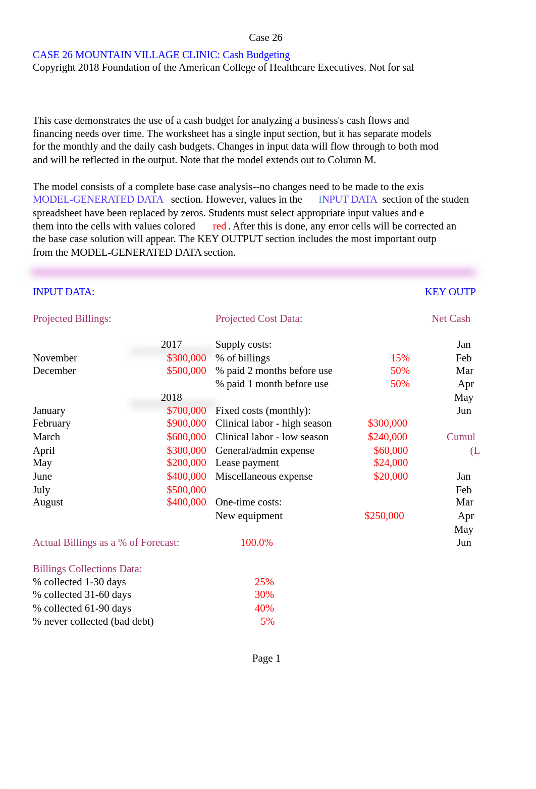 Case 26 Mountain Village Clinic - Instructor - 6th edition Revised.xlsx_dieqjqc9bbg_page1