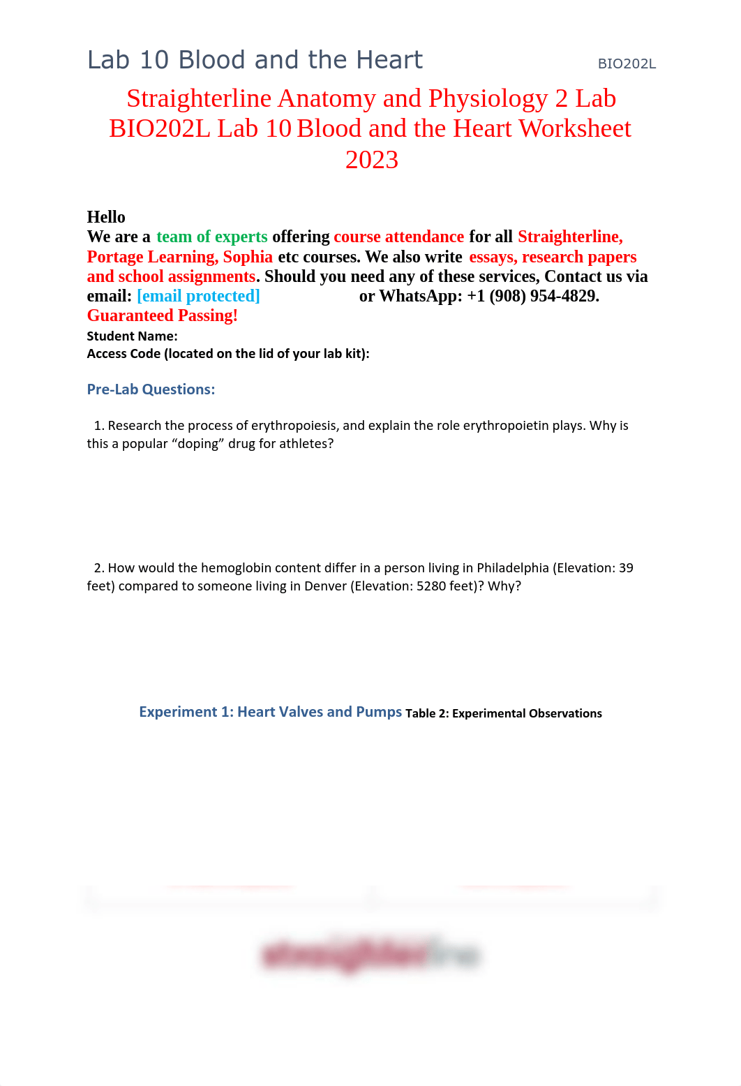 Straighterline Anatomy and Physiology 2 Lab BIO202L Lab 10 Blood and the Heart Worksheet 2023.pdf_diff2d1c38c_page1