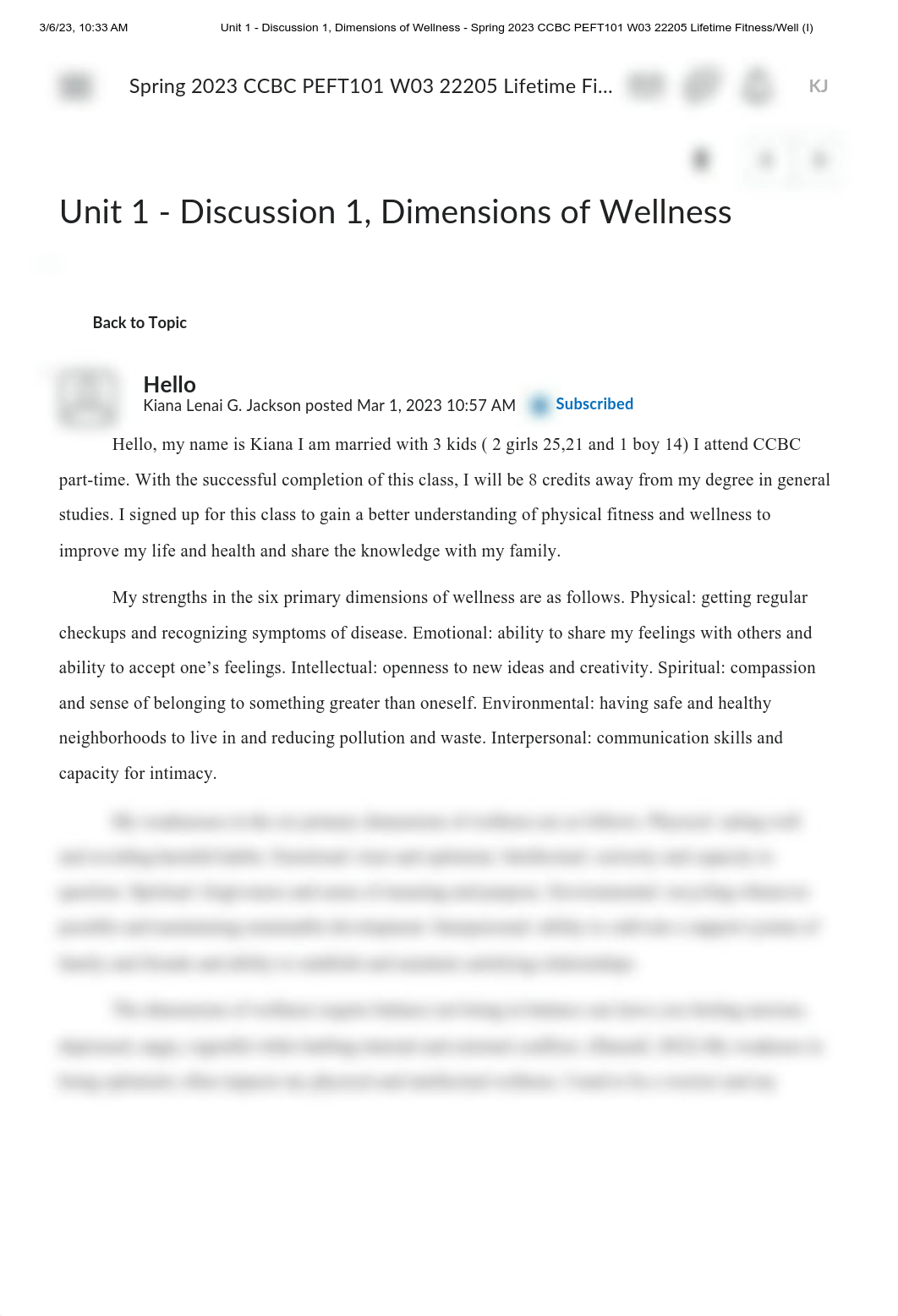 Unit 1 - Discussion 1, Dimensions of Wellness - Spring 2023 CCBC PEFT101 W03 22205 Lifetime Fitness__dih2awsfx6s_page1