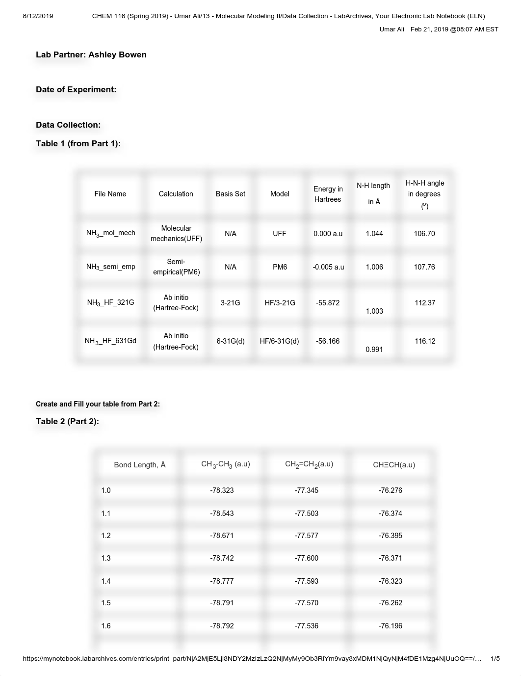 CHEM 116 (Spring 2019) - Umar Ali_13 - Molecular Modeling II_Data Collection - LabArchives, Your Ele_dih2r939kkk_page1